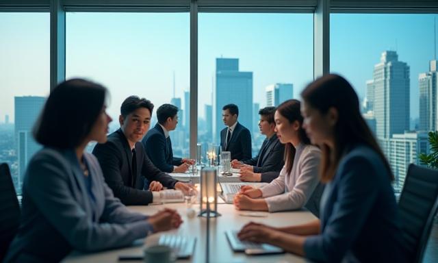 Diverse professional team in a modern Tokyo office